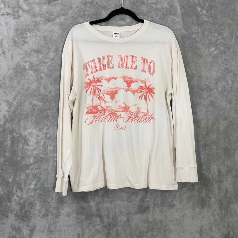 Victoria's Secret Pink CAMPUS COTTON T-SHIRT women’s M White Take me to Miami LS
